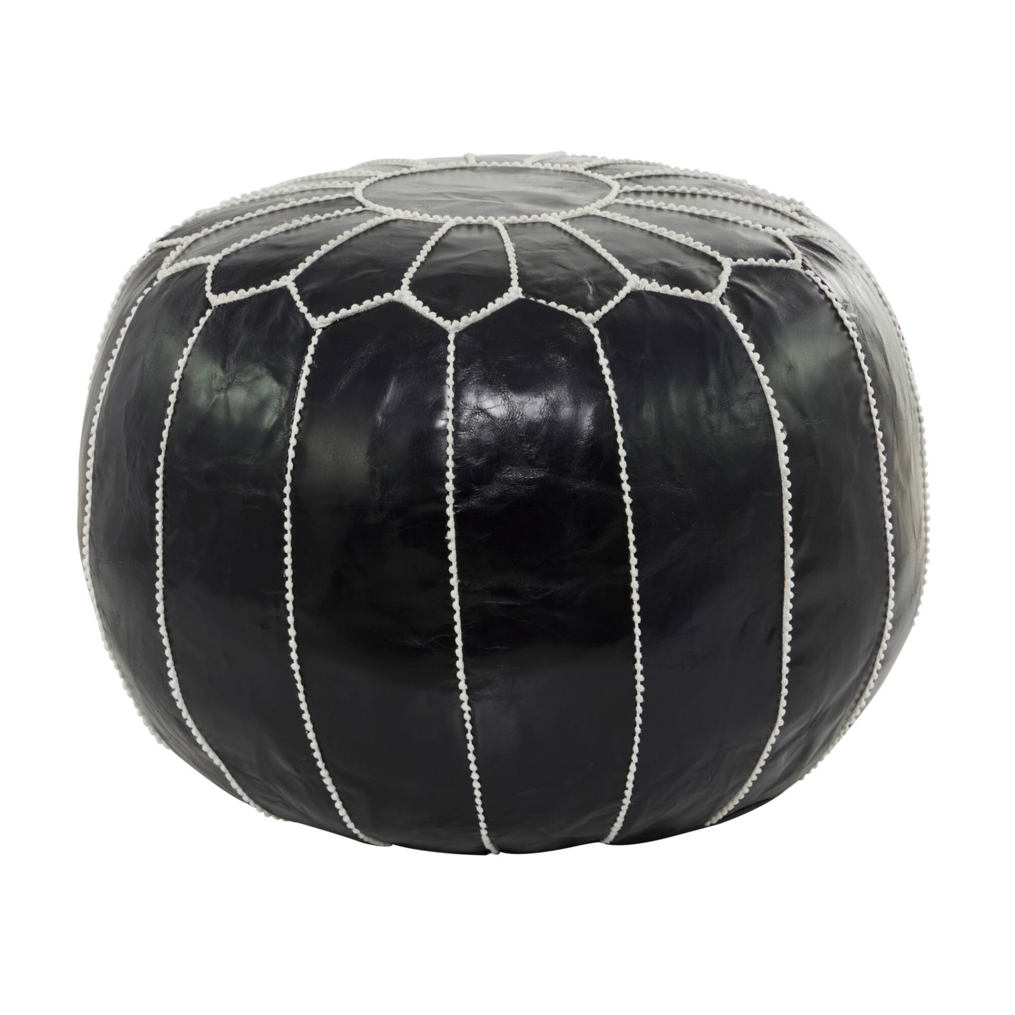 24" Black Leather Moroccan Floral Pouf with White Stitching